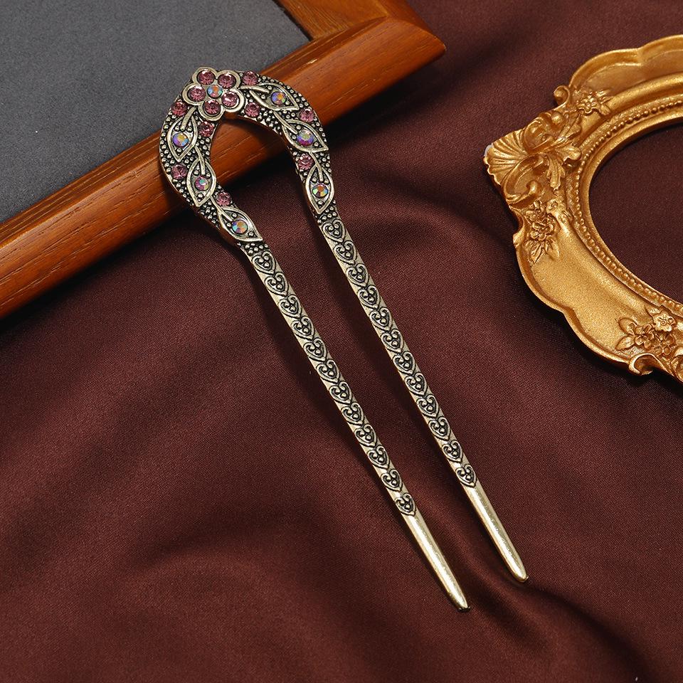 Peach Blossom Retro U-Shaped Rhinestone Hairpin - Classical Hanfu Hair Accessory