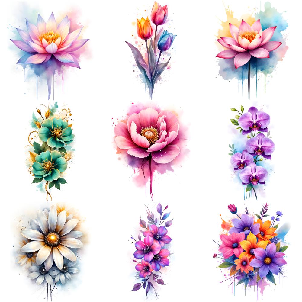 

9pcs Temporary Tattoo Waterproof Long-lasting Body Stickers Daisy Sunflower Orchid For Cheeks Shoulders Children