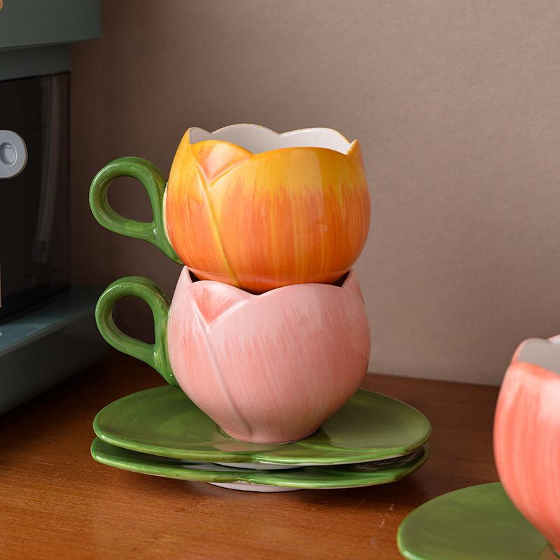 300ML European Ceramic Flower Coffee Cup Saucer Creative Tulip Mug Exquisite Afternoon Tea Flower Tea Cup Home Breakfast Mug New