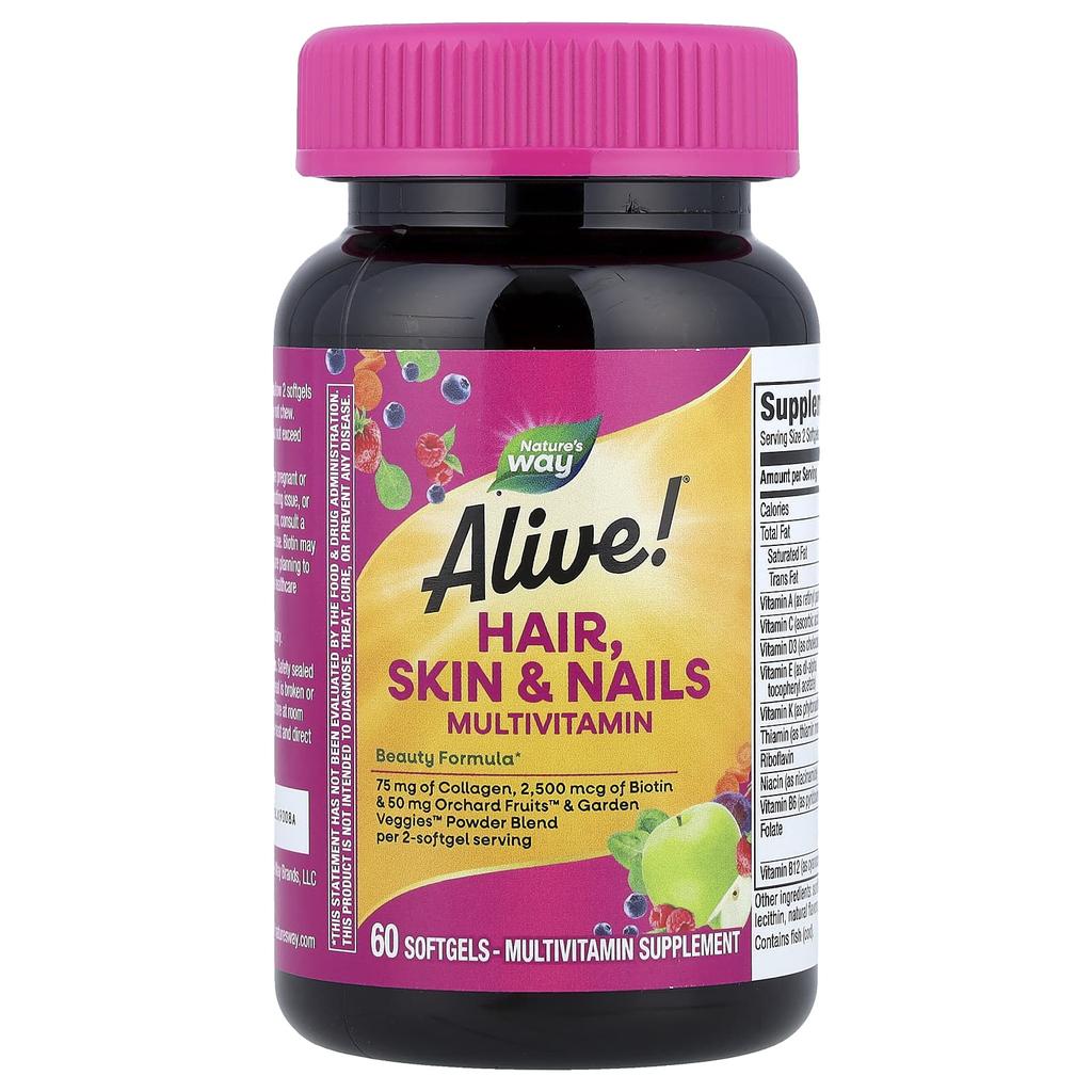 Nature's Way Alive!® Hair, Skin, Nails Multivitamin, Strawberry Flavor, 60 Softgels