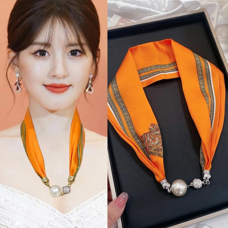 Luxury Design Magnetic Button Summer Silk Scarf Women Magnetic Pearl Necklace Scarves High End Matching Shirt Scarf Lady