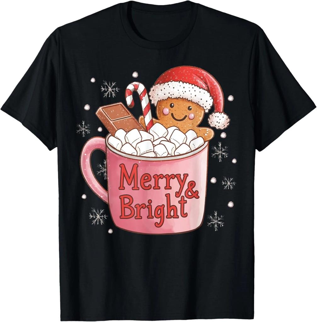 Funny Merry And Bright Christmas Gingerbread Man Hot Cocoa T- Shirt