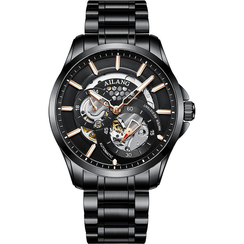 AILANG Men Automatic Mechanical Wristwatch Hollow Skeleton Dial Stainless Steel Band Business Sport Male Watch