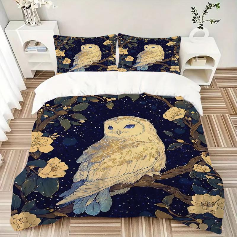 3pcs Owl Enchanted Night Quilt Cover Set - Soft & Comfortable Polyester Fabric, All-Season Breathable Comforter Set For 1 Quilt Cover & 2 Pillowc