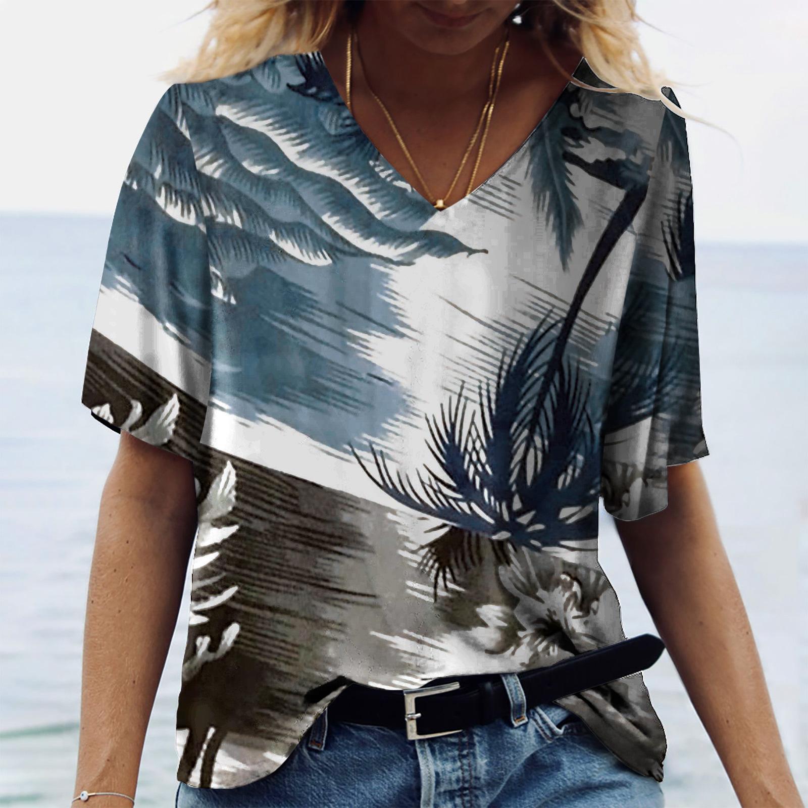 

Женские топы с 3D цветочным принтом и коротким рукавом, винтажная летняя футболка для влюбленных с V-образным вырезом для пар M