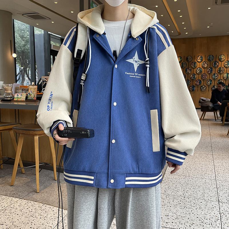 

Autumn Hooded Jacket Teen Boys Top Color Block Printed Bouquet Mouth Sleeve Fashionable Handsome Jacket 4XL