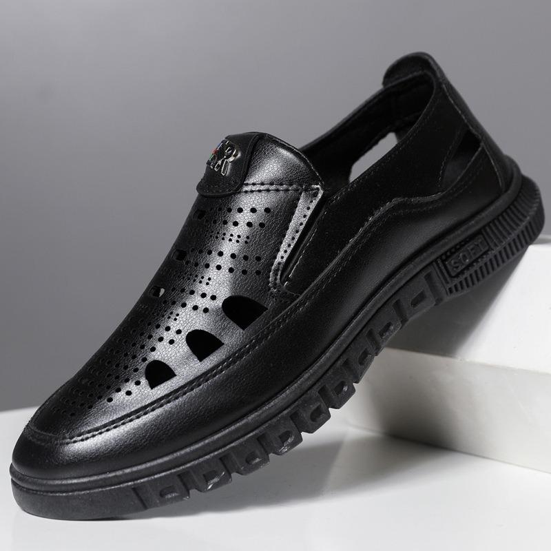 Men's Breathable Hollow Out Clogs for Middle-Aged & Elderly, Anti-Slip Comfort Casual Leather Shoes