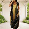 Women Plus Size Round Neck Short Sleeve Abstract Printed Black Teal Gold Maxi Dress With Side Pockets