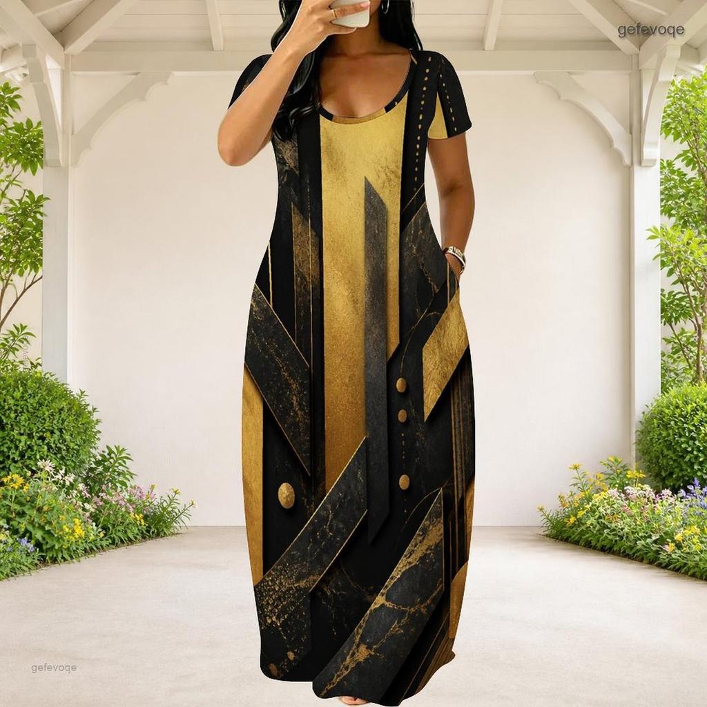Women Plus Size Round Neck Short Sleeve Abstract Printed Black Teal Gold Maxi Dress With Side Pockets