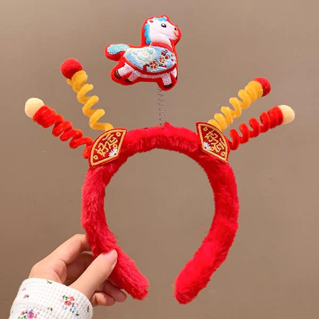 Cute Red Festive Plush for Hairband Horse-Zodiac Doll Headband Festival Performance Accessory Handmade Japan Korean Style