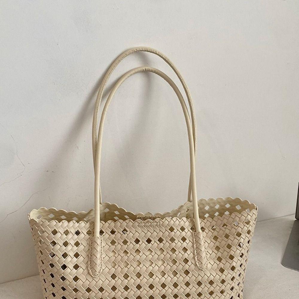 Foldable Hollow Out Weave Bag Large Capacity Beach Handbag Trendy Leather Woven Tote Bag Girls