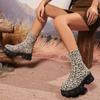 Leopard Thick Bottom Platform Ankle Boots Autumn New Stretch Fabric Non Slip Women Boots Comfort Back Zipper Woman Shoes