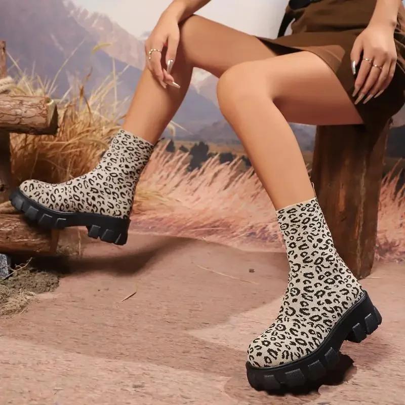 Leopard Thick Bottom Platform Ankle Boots Autumn New Stretch Fabric Non Slip Women Boots Comfort Back Zipper Woman Shoes