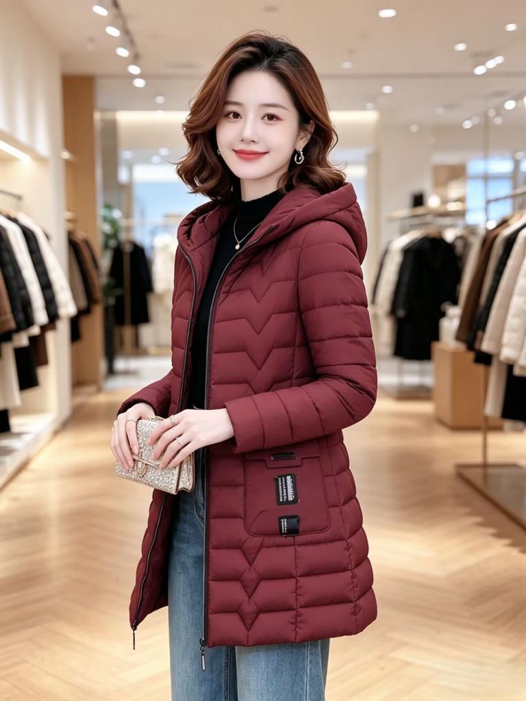 Medium and long down cotton-padded clothes, women's slim-fit hooded cotton-padded clothes, winter warm jackets, and mother's large-size cotton-pad