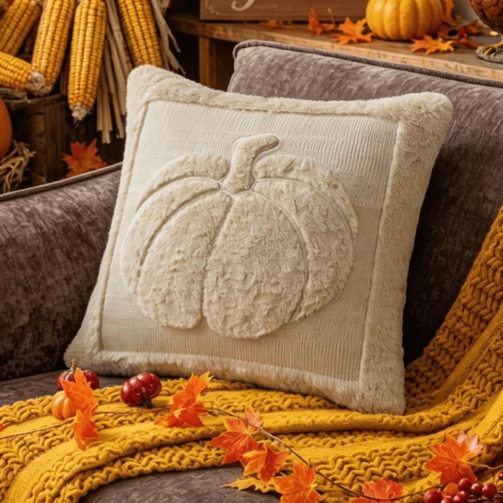 Soft Plush Fabric Throw Pillow Covers Pumpkin Pattern Faux Wool Cushions  Living Room Bedroom