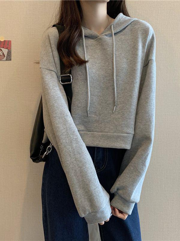 2023 Autumn/Winter Women's European & American Style Loose Hooded Cropped Sweatshirt with Long Sleeves