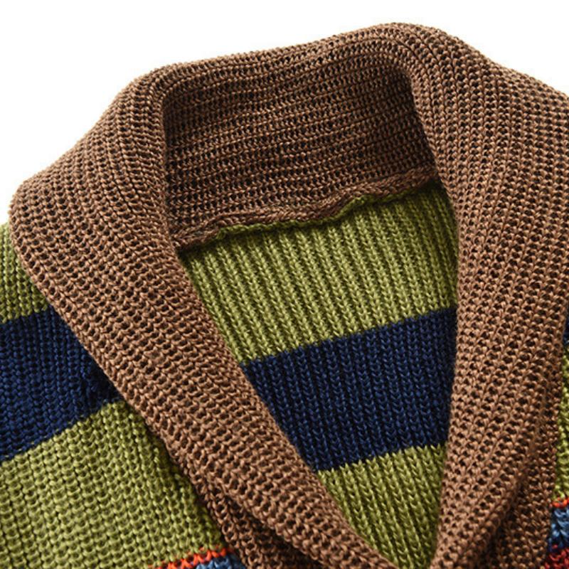 Men's Rainbow Striped Sweater Jacket Autumn and Winter Lapel Color Matching Knitted Jacket