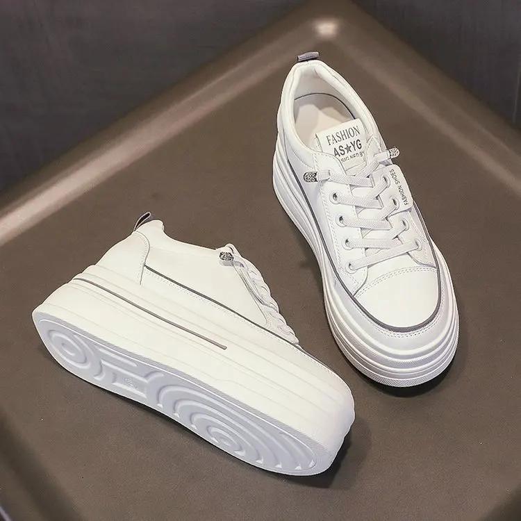 Womens Casual Sneakers Inserted Height Platform Shoes Lace-up Ladies Vulcanized Shoes Leather Breathable Women Shoes Comfortable