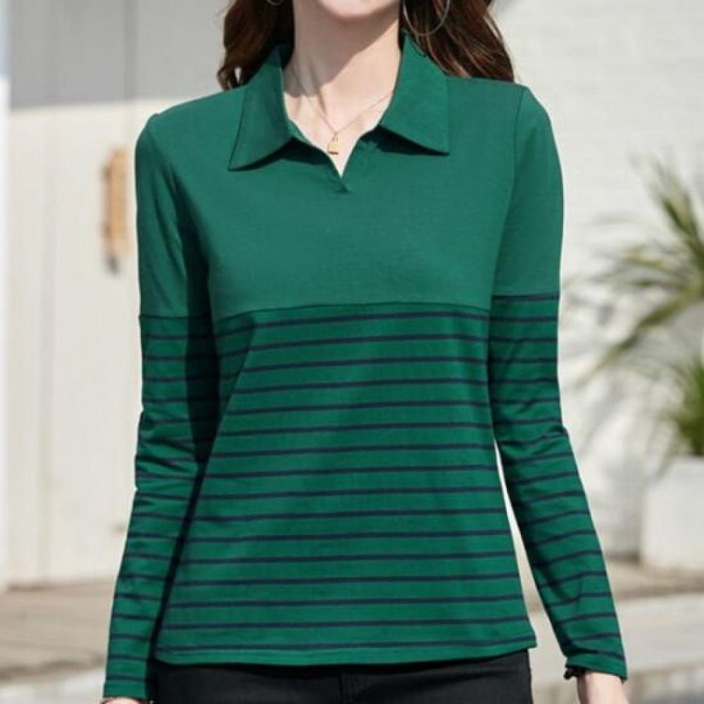 Navava Women S STripe PoinT Collar Long Sleeve T ShirT nT2888