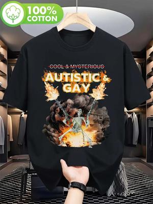 Kurzärmeliges bedrucktes T-Shirt mit explosivem Totenkopf-Design, das Autismus und LGBTQ+-Themen feiert, im Streetstyle - Herren S...