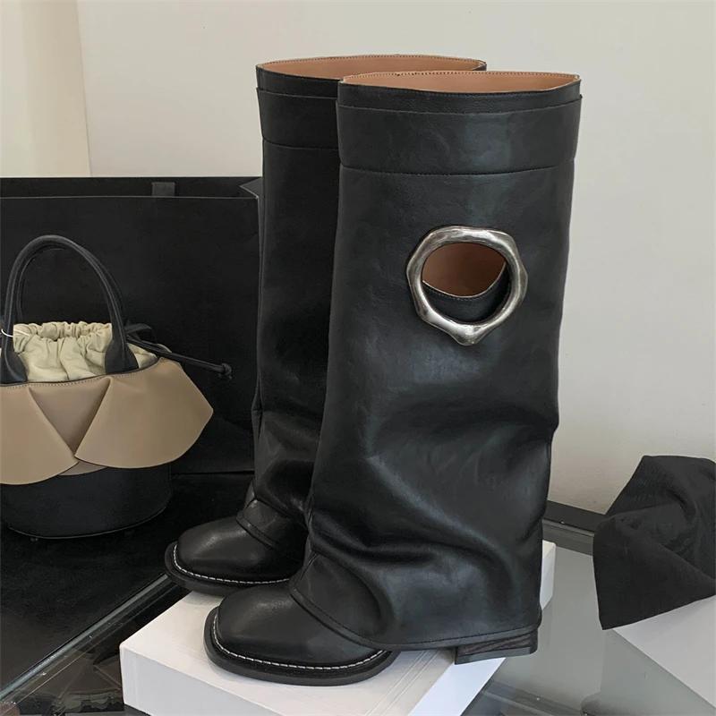 Fashion Eilyken Vintage Fashion Design Hollow Out Women Knee High Boots Round Toe Square Heels Female Shoes Botas De Mujer