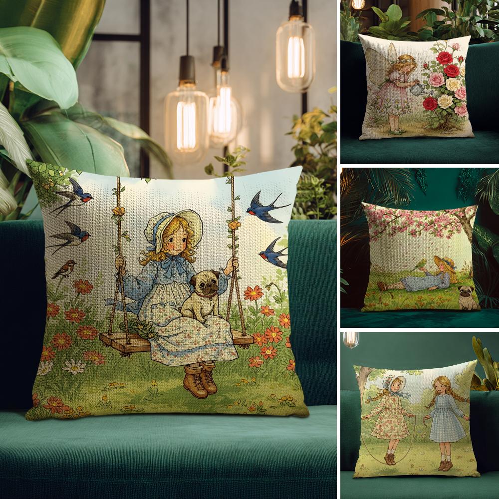 Art Sarah Kay Swing Girl Cushion Cover Natural Linen Pillow Case DoubleSided Print Decorative Sofa Pillowcase Home Decor Gift