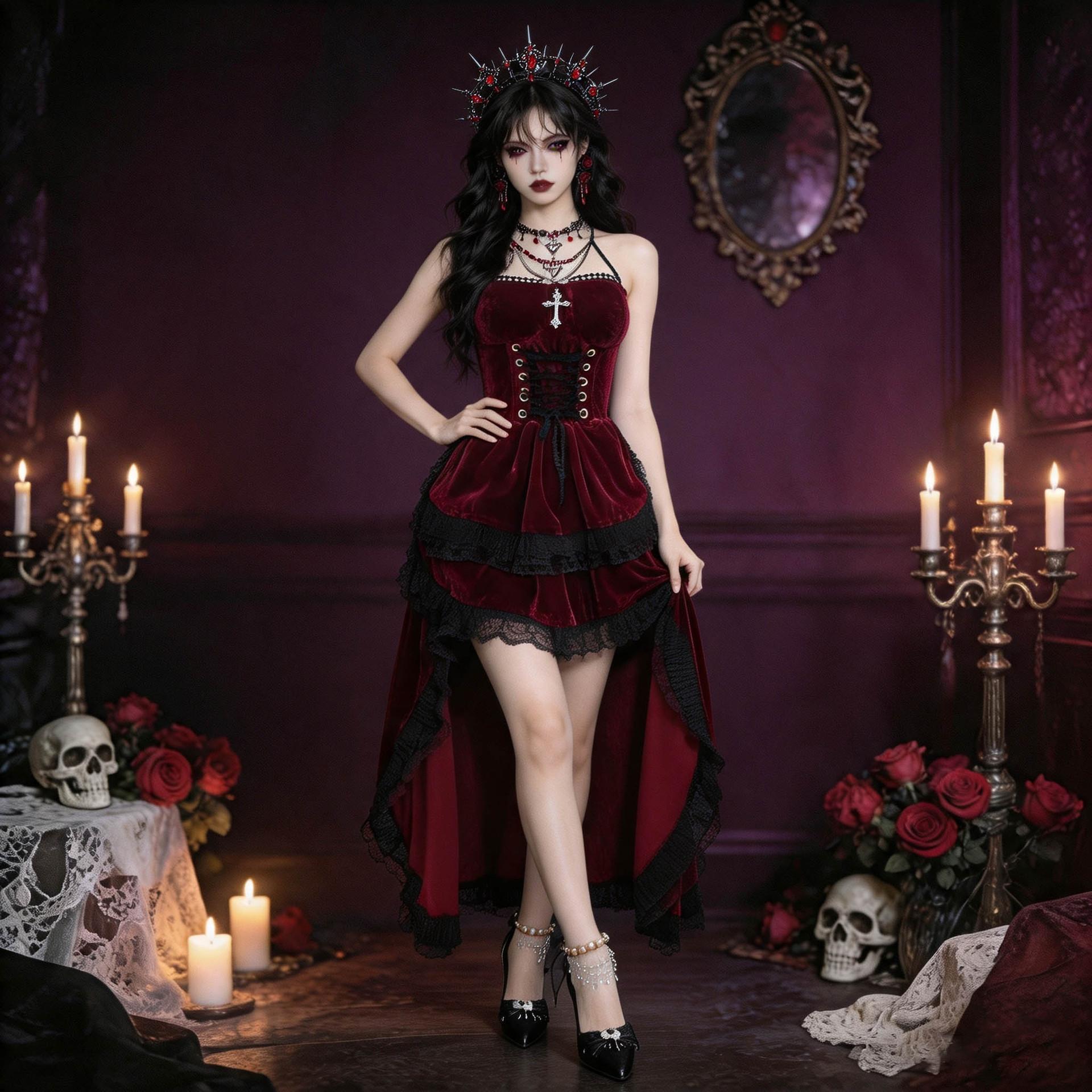 Halloween goth vampire costume, burgundy velvet