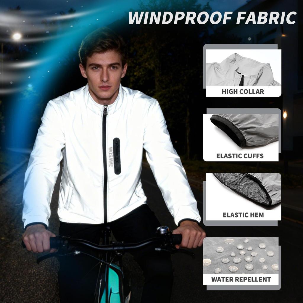 Wosawe Reflective Cycling Jacket Windproof Bike Windbreaker Night Running Breathable Outdoor Sports Coat