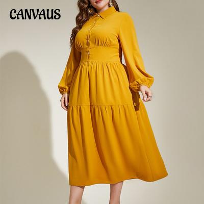 Plus Size Women's Dress Autumn Simple Temperament Back Elastic Waist Long Sleeve Dresses