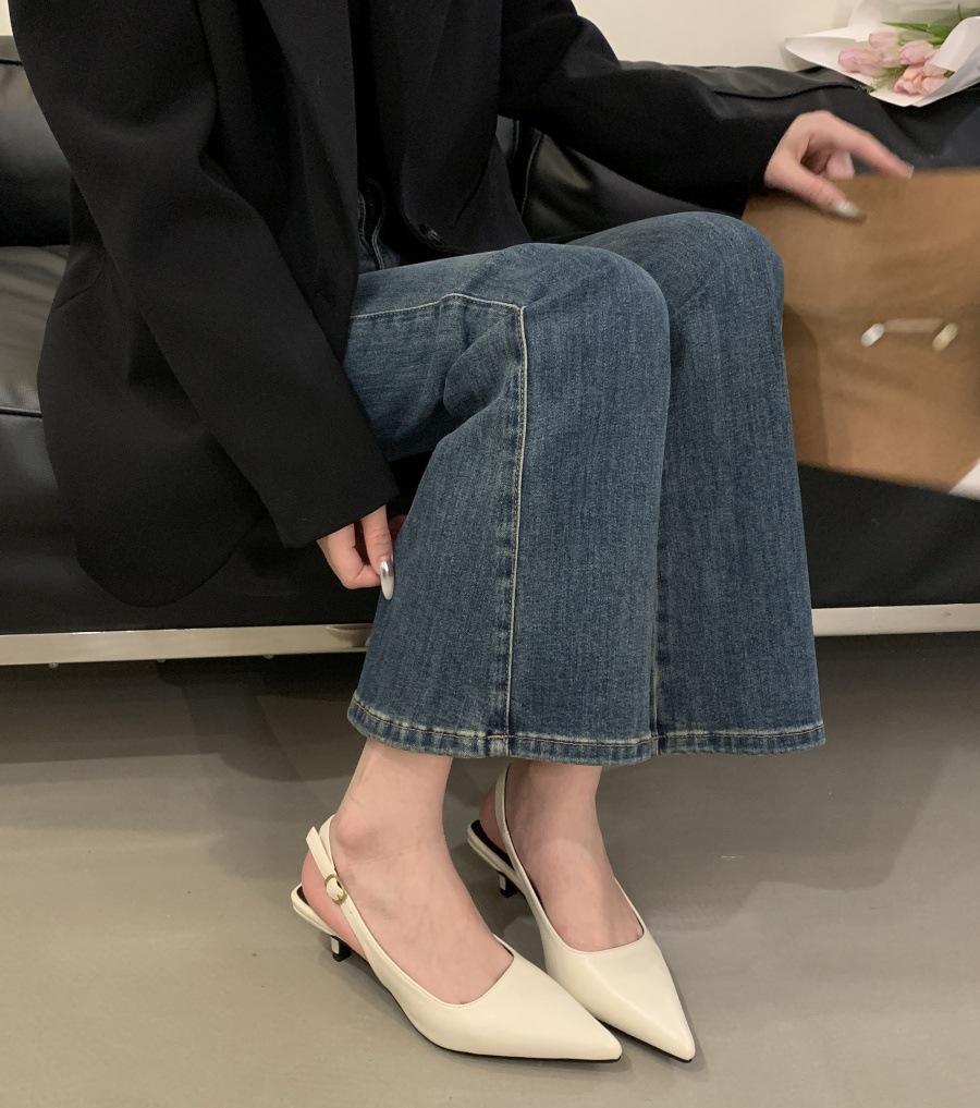 2025 spring and summer new women's shoes shallow mouth bag head thin heel empty sandals European and American medium and low heel shoes versatile bl