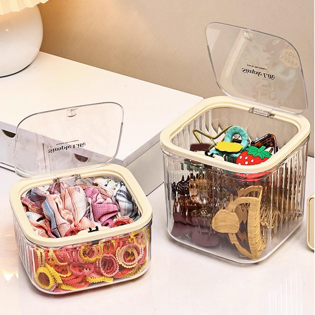 1 stk oppbevaringsboks for hårtilbehør, skrivebords-trykknapp-smykkeskrin, med lokk, jenters strikk-pannebånd-hårspenne-organiseringsboks