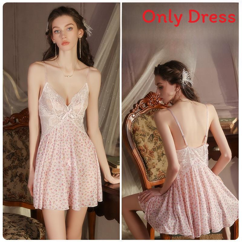 Lightweight Polyester Sleep Dress With Vneck And Sheer Mesh For Women