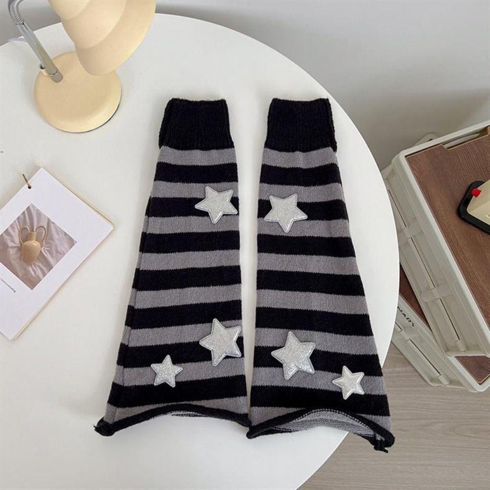 Star Decoration Knit Long Socks Striped Leg Warmers Vintage Boot Cuffs For Women