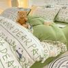 Cute Cartoon Panda Duvet Cover Green Stripe Bedding Set - 1 Kawaii Animal Comforter Cover + 1 Solid Flat Sheet + 2 Pillowcases