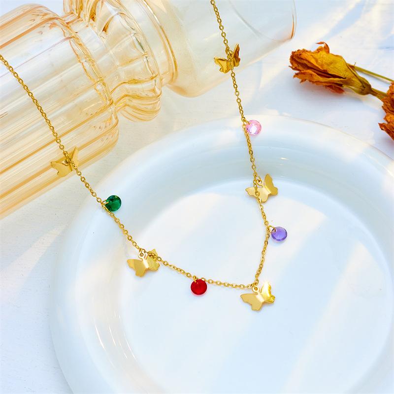 18K Gold Plated Layered Butterfly Colorful Zircon Necklace, Dainty Double Chain Y-Drop Lariat Choker for Women, Cute Jewelry