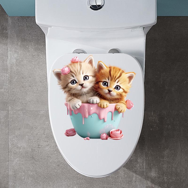Autocolante Drăguțe Pisică Ceașcă de Ceai Impermeabile Decorațiuni pentru Baie Capac WC pentru Camera Copiilor Vinil Removabil Artă de Perete