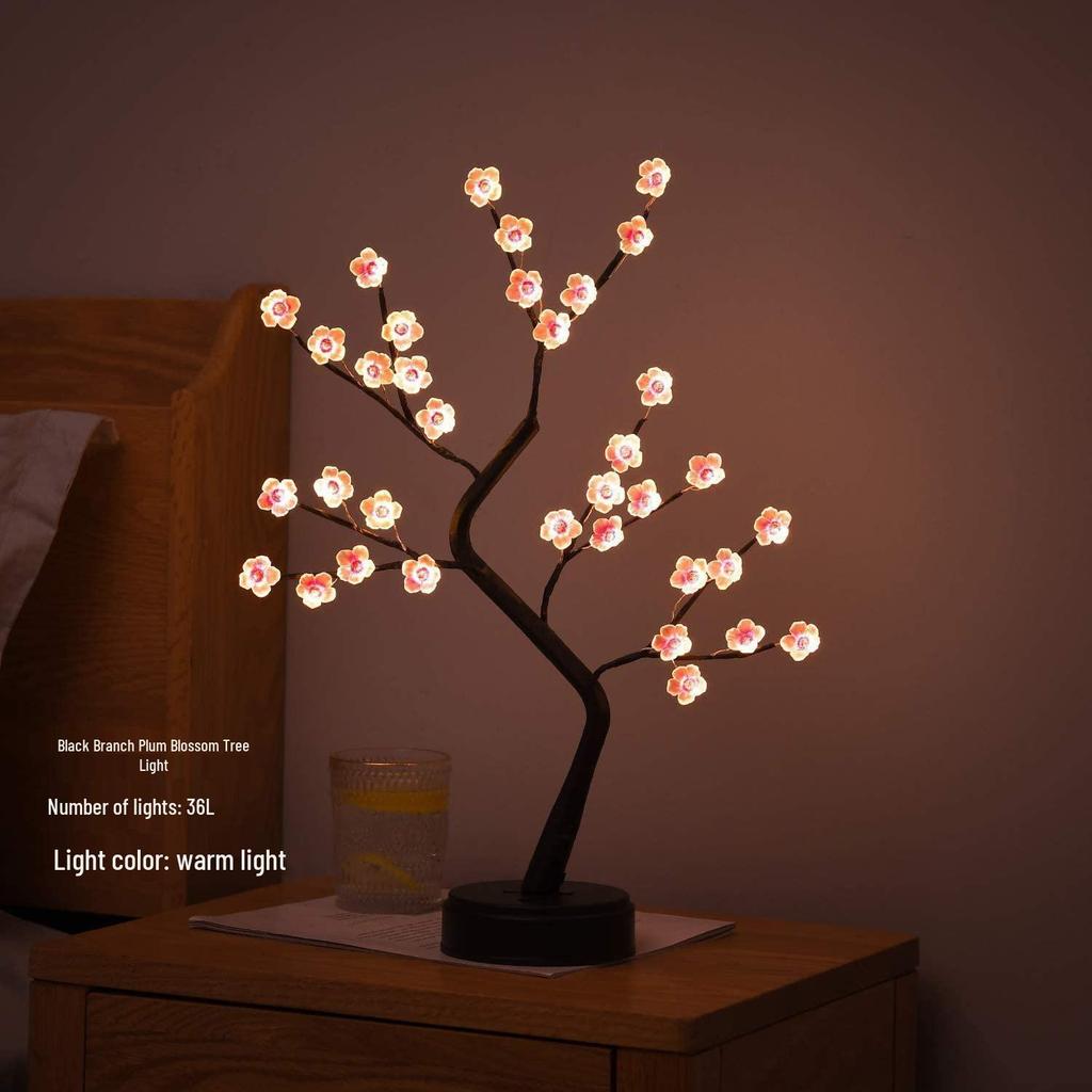 LED Bonsai Tree Lamp: Silver Branches with Pearls and Gold Leaf, Perfect for Christmas or Night Lighting