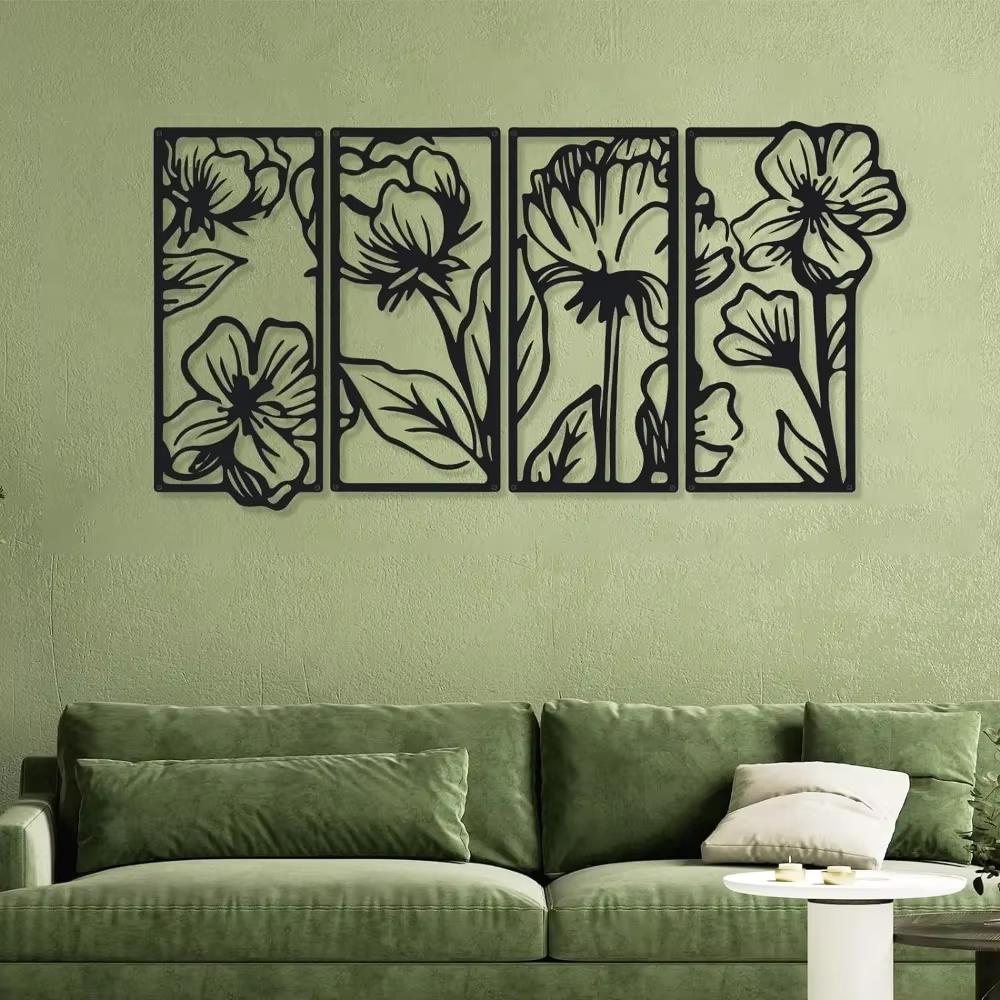 4-Piece Stunning Metal Floral Line Art: Minimalist Home Decor for Living Room & Beyond.Minimalist Line Art.