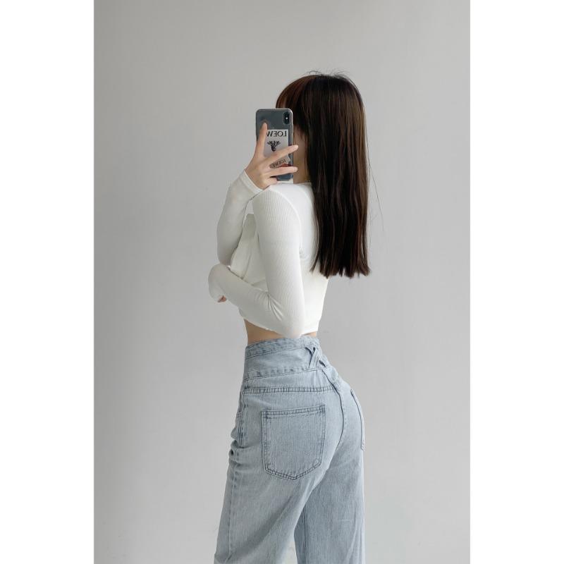 Button Vintage High Trousers Waisted Jeans For Women Drape Loose Straight Wide Leg Pant