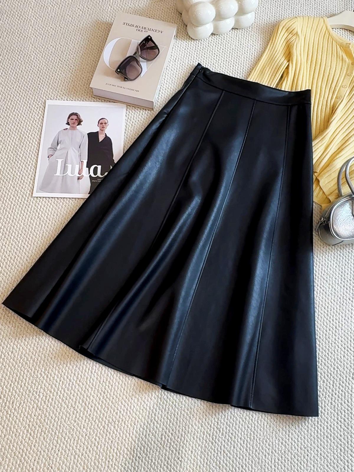2025 High-Waisted A-Line PU Leather Midi Skirt - Spring/Autumn Collection XL чёрный