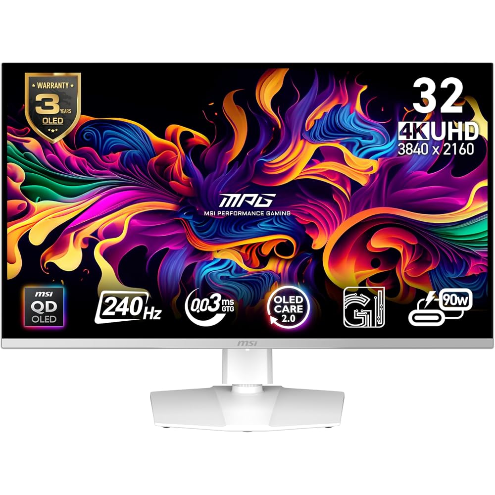 MSI MPG 321URXW QD-OLED 32-inch 3840 X 2160 (UHD) Monitor, 240Hz, Adaptive Sync, HDMI, DP Port, VESA Mountable, Tilt, Speakers, 0.03ms Response Time,
