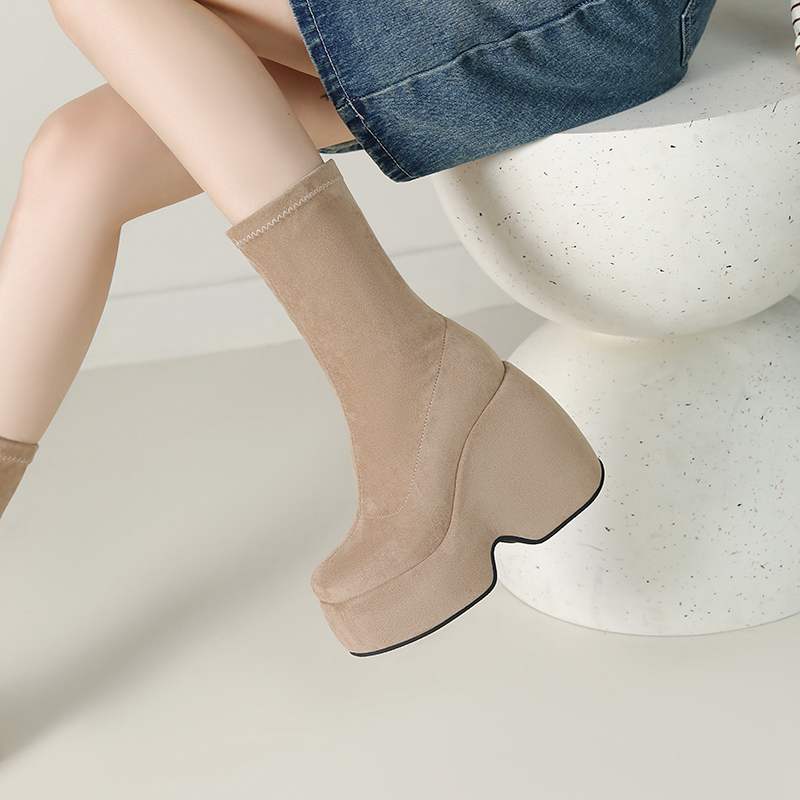 lenkisen Flock Herbst Winter Schuhe Super High Heels Keile Elastische Plateaustiefel Halten Warm Fashion Mid-Calf Stiefel