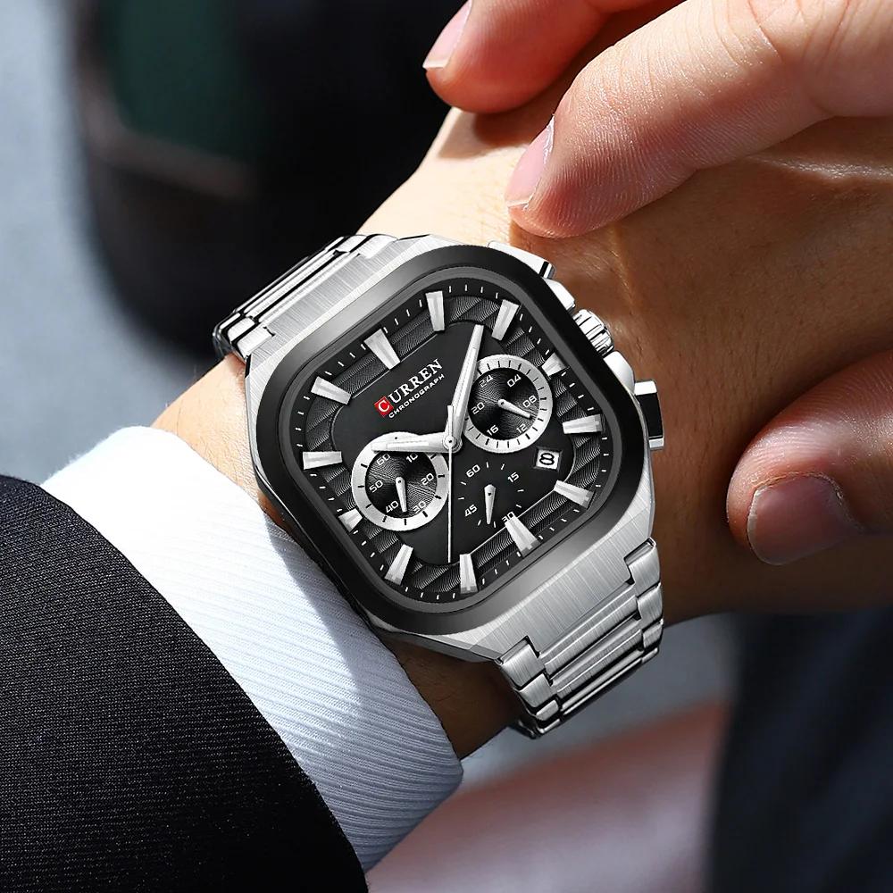 Mens Square Chronograph Watches Stainless Steel Wrist Watch with Date Luminous Hands Waterproof