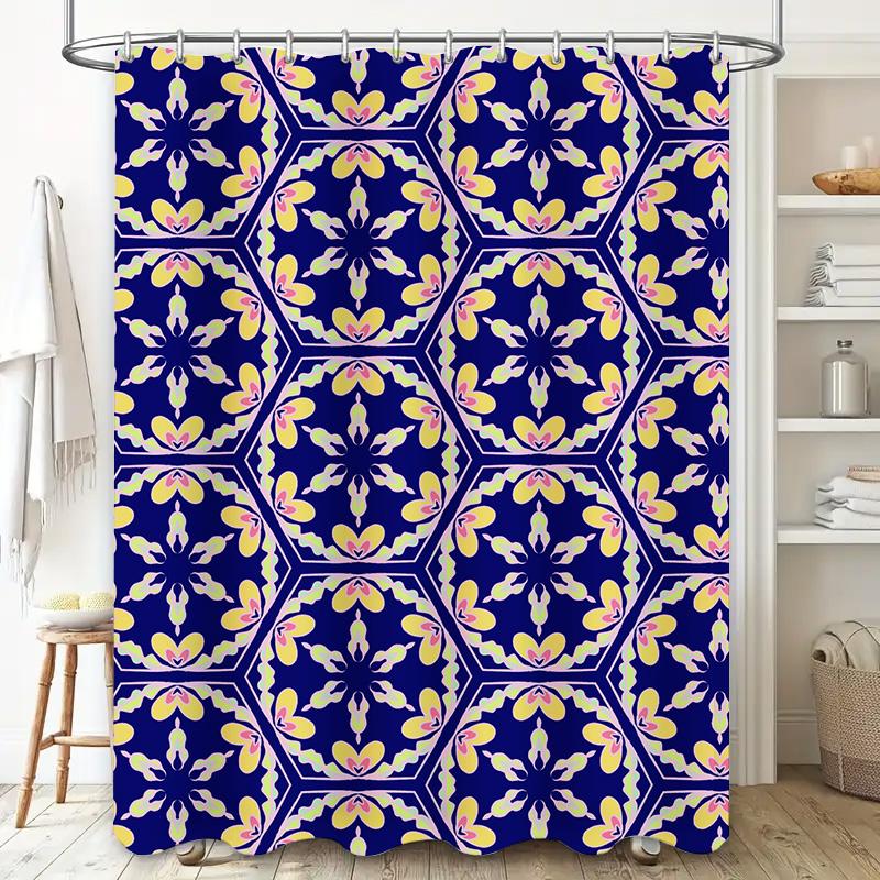 Modern Blue Floral Hexagon Bath Rug Shower Curtain Decor Set for Bathroom Accessories Home Decoration Waterproof Fabric Large Si
