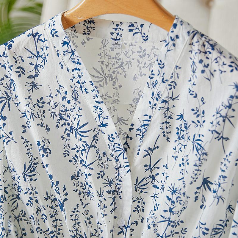 

V-neck Long-sleeved Shirt Women s New V-neck Top Printed Cotton Shirt M