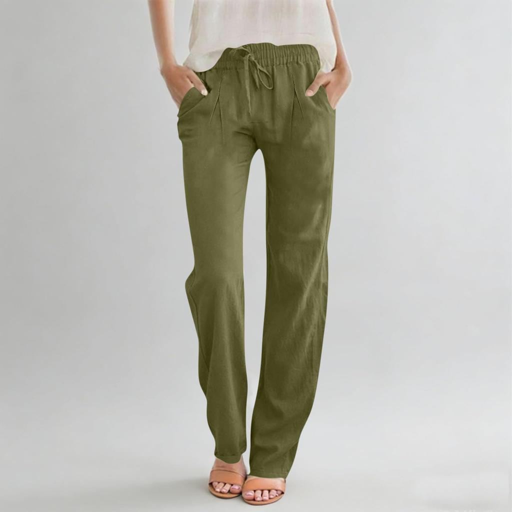 Pantalon décontracté pour femme en coton et lin, droit, à cordon de serrage, taille haute, ample, pantalon de plage avec poche