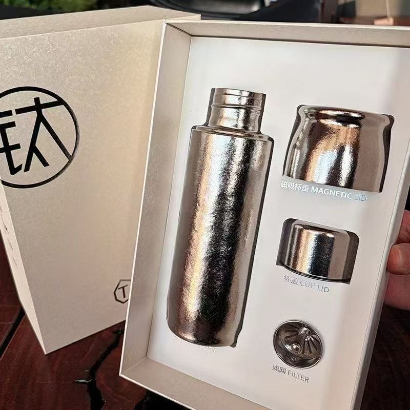 Water Bottle High-end Pure Titanium Thermos Cup Light Luxury Magnetic Suction Pure Titanium Cup High Value Tea Separation Gift Box Titanium Cup