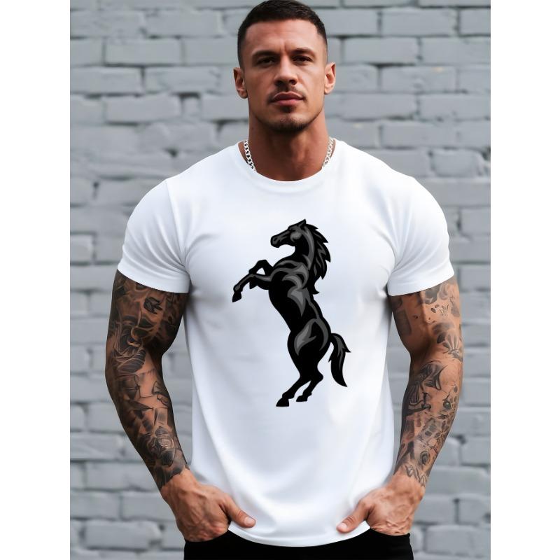 European Size Running Horses | Patterned Print Clothing, Men'S Outdoor Trendy Graphic T-Shirts, Classic Street Fashion Casual Short Sleeves for Men