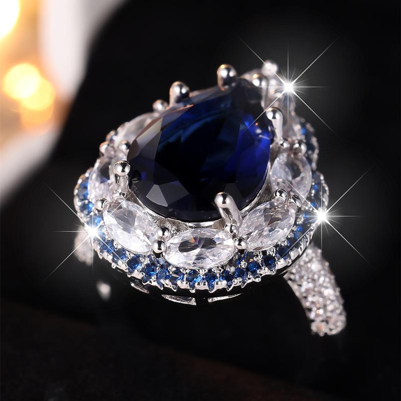 Inel de Lux cu Cristal Albastru Zircon în Formă de Picătură Mare de Apă, pentru Femei, Inel Deschis Ajustabil, Bijuterii Cadou pentru Nuntă, Petrecere, Logodnă