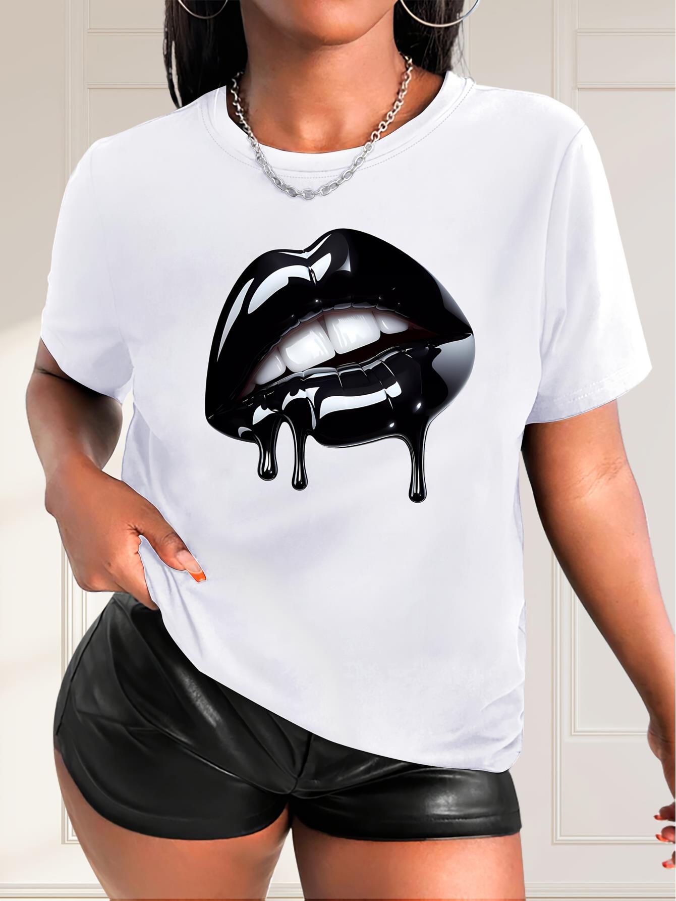

Stylish Black Lip Print Women S T-Shirt - Casual Fashion Round Neck Short Sleeve Tee, 100% Cotton, Machine Washable, Perfect for Spring/Summer/Fall 5XL різнокольоровий